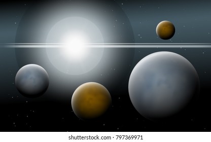 Planets in Space. Bright Sunlight in the Cosmos. Colorful Planets on Gradient Background. Space Abstraction. Planets in Space for Banner, Poster, Card, Web Design, Presentation, Wallpaper. Cosmos.
