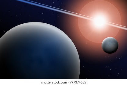 Planets in Space. Bright Sunlight in the Cosmos. Beautiful Planets on Gradient Background. Space Abstraction. Planets in Space for Banner, Poster, Card, Web Design, Presentation, Wallpaper. Cosmos.