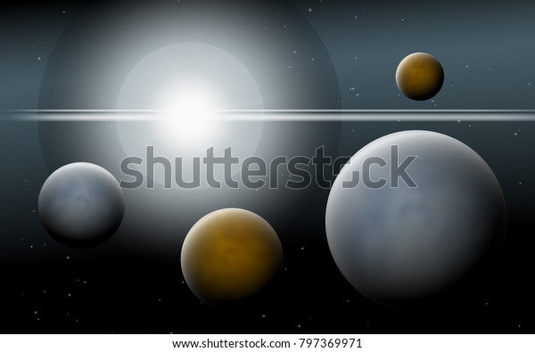 Planets in Space. Bright Sunlight in the Cosmos.\
Colorful Planets on Gradient Background. Space Abstraction. Planets\
in Space for Banner, Poster, Card, Web Design, Presentation,\
Wallpaper. Cosmos.