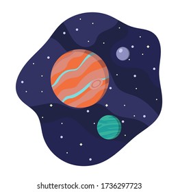 Planets in space. Cosmic vector illustration of Jupiter, moons and stars. Astronomy and science cartoon concept. Solar system elements.