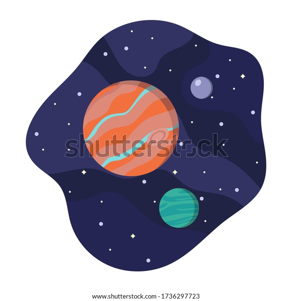 Planets in space. Cosmic vector illustration of\
Jupiter, moons and stars. Astronomy and science cartoon concept.\
Solar system elements.