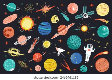 Planets in space, doodle collection of stars and shuttle icons, cosmic objects set, vector illustrations of galaxies, comets and spacecraft, cute childish design for astronomy book, science collection