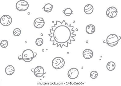 Planets in space doodle - freehand vector icons set