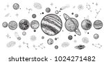 Planets and space hand drawn vector illustration. Solar system with satellites, constellations, galaxy and celestial bodies. Linear art with, engraging style.