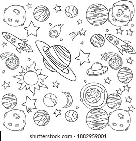 Planets and space hand drawn vector illustration. Solar system with satellites, constellations, galaxy and celestial bodies. Linear art with, engraging style.