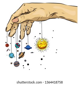 planets in space and hand image on white background. Vector illustration.