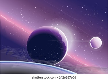 Planetas en el espacio, la Vía Láctea. Ilustración vectorial