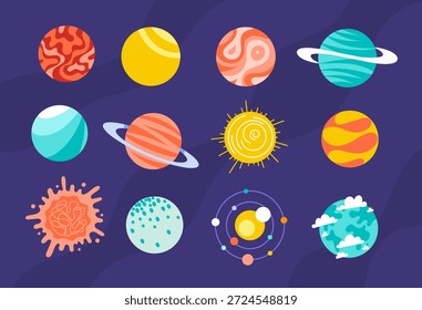 Planetas conjunto minimalista de espaço. Planetas do sistema solar. Desenhar o conjunto de cosmos da galáxia. Ícones de crianças de astronomia. Espaço colorido esferas planetas elementos