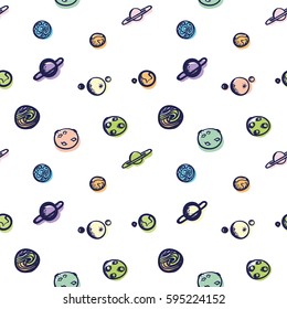 Planets Space Seamless Vector Hand Drawn Pattern Colored