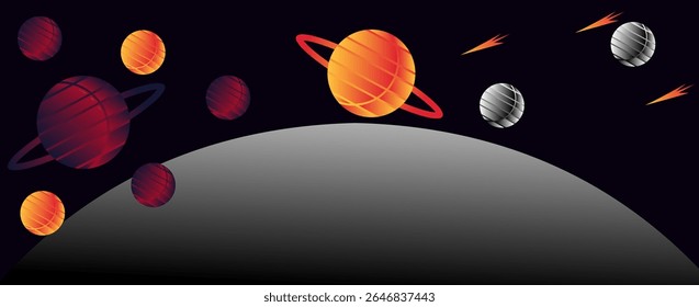 Planetas no espaço. Sistema solar. Exploração espacial. Ilustração vetorial.
