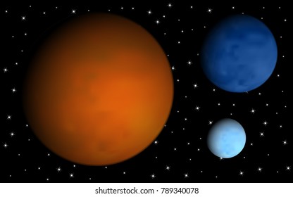 Planets in Space. Starry Cosmos. Beautiful Planets on the Black Background. Round Planet on the Starry Sky. Realistic Planets for Banner, Poster, Web Design, Presentation, Wallpaper. Cosmos. Stars.