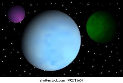 Planets in Space. Starry Cosmos. Beautiful Planets on the Black Background. Round Planet on the Starry Sky. Realistic Planets for Banner, Poster, Web Design, Presentation, Wallpaper. Cosmos. Stars.