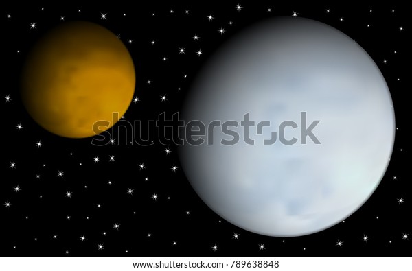 Planets in Space. Starry Cosmos. Beautiful Planets\
on the Black Background. Round Planet on the Starry Sky. Realistic\
Planets for Banner, Poster, Web Design, Presentation, Wallpaper.\
Cosmos. Stars.