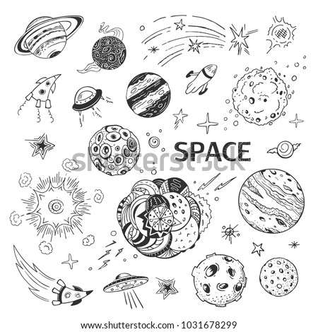 Planets, spaceships and other space objects on a white background.  Vector collection of hand drawings 