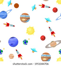 planets and spaceships, seamless pattern, vector illustration