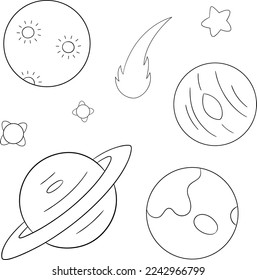 The Planets, Star and Commet Black White Vector Outline Illustration