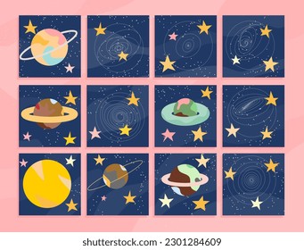 planets and star, space  modern flat vector background set