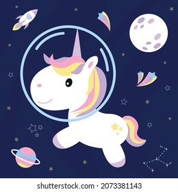Planetas, estrellas y unicornios en el espacio. Ilustración vectorial de corte. Constellation unicorn.