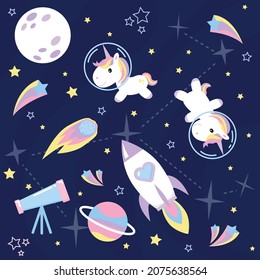 Planets, star and unicorns in space. Cute vector illustration. Constellation unicorn.