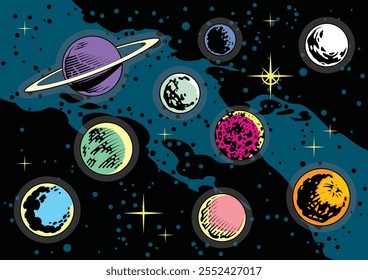 Planets and Stars 1980s - 1990s Comic Books Style Drawing. Vector Templates of Astronomical Bodies for Scientific, Fantastic Posters, Covers, Illustrations