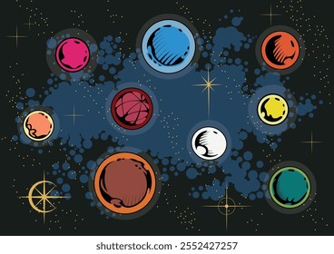 Planets and Stars 1980s - 1990s Comic Books Style Drawing. Vector Templates of Astronomical Bodies for Scientific, Fantastic Posters, Covers, Illustrations