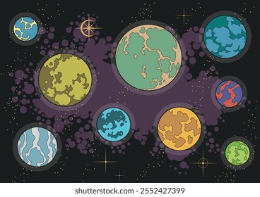 Planets and Stars 1980s - 1990s Comic Books Style Drawing. Vector Templates of Astronomical Bodies for Scientific, Fantastic Posters, Covers, Illustrations