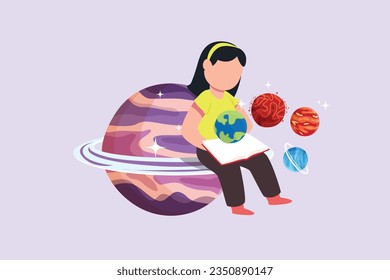 Planets, stars, asteroids, and comets in outer space. Galaxy concept. Colored flat vector illustration isolated. 