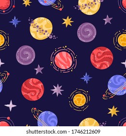 Planets, stars and asteroids on a blue background. Baby textile seamless pattern. Cartoon style, space print.