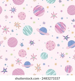 planets stars cute pattern seamless vector backgroung