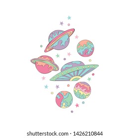 Planets and stars. Isolated vector object on white background.