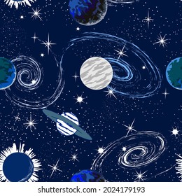 Planets and stars in a pattern.Abstract colored background with planets and stars.