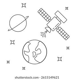 Planets Stars and Satellite Line Art Isolated on White. Exploring space and cosmic science vector art