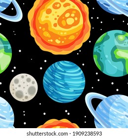 Planets, stars and satellites on a starry sky space seamless pattern background. Solar system outer space planets children wallpaper texture tile. Vector stock illustration