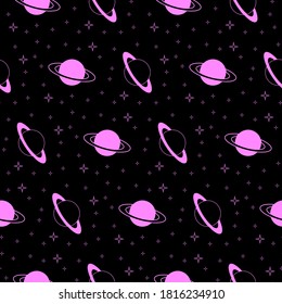 Planets and stars seamless pattern, deep space vector art.