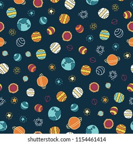 Planets and stars seamless vector background. Doodle space galaxy design. Red, orange, yellow, blue on dark blue background. Great for childrens market. Fabric, paper, back to school, cards for kids.