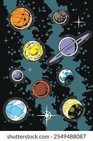 Planets and Stars Set. Vector Templates of Astronomical Bodies for Scientific, Fantastic Posters, Covers, Illustrations. 1970s - 1980s Comic Books Style Drawing