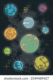 Planets and Stars Set. Vector Templates of Astronomical Bodies for Scientific, Fantastic Posters, Covers, Illustrations. 1970s - 1980s Comic Books Style Drawing