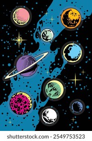 Planets and Stars Set. Vector Templates of Astronomical Bodies for Scientific, Fantastic Posters, Covers, Illustrations. 1970s - 1980s Comic Books Style Drawing