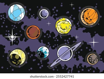 Planets and Stars Set. Vector Templates of Astronomical Bodies for Scientific, Fantastic Posters, Covers, Illustrations. 1970s - 1980s Comic Books Style Drawing