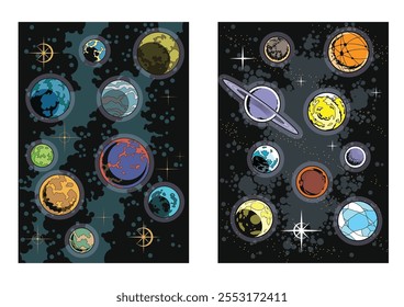 Planets and Stars Set. Vector Templates of Astronomical Bodies for Scientific, Fantastic Posters, Covers, Illustrations. 1970s - 1980s Comic Books Style Drawings