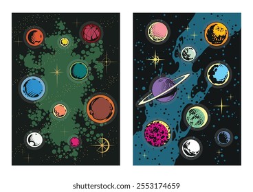 Planeten und Sterne Set. Vektorvorlagen astronomischer Körper für wissenschaftliche, fantastische Poster, Cover, Illustrationen. 1970er - 1980er Jahre Comic Bücher Stil Zeichnungen