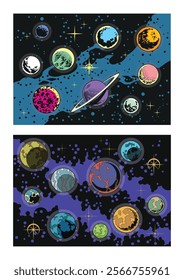 Planets and Stars Set. Vector Templates of Astronomical Bodies for Scientific, Fantastic Posters, Covers, Illustrations. 1970s - 1980s Comic Books Style Drawings