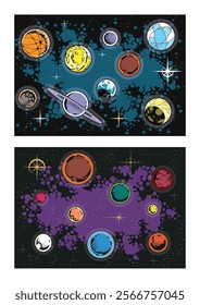 Planets and Stars Set. Vector Templates of Astronomical Bodies for Scientific, Fantastic Posters, Covers, Illustrations. 1970s - 1980s Comic Books Style Drawings