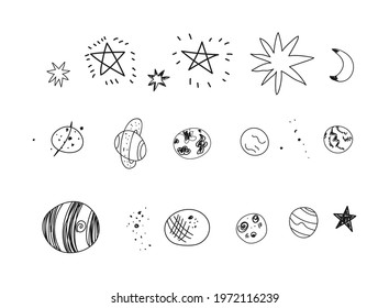 planets and stars of the solar system doodle vector set 