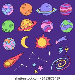 Planets, stars and space objects, cosmic vector illustrations. Set of cartoon drawings, doodles.