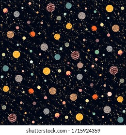 Planets and stars in space on a dark background. Cosmic night sky seamless patterns. Freehand drawing of area elements. Galaxy, constellation, universe vector cartoon flat.