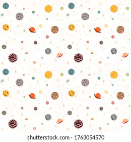 Planets and stars in space on a white background. Cosmic night sky seamless patterns. Freehand drawing of area elements. Galaxy, constellation, universe vector cartoon flat.