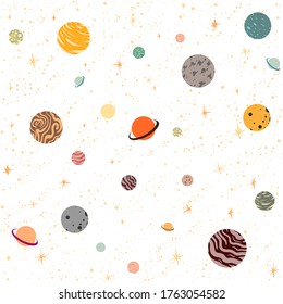 Planets and stars in space on a white background. Cosmic night sky seamless patterns. Freehand drawing of area elements. Galaxy, constellation, universe vector cartoon flat.