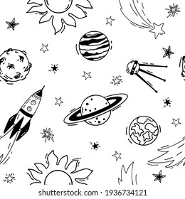 Planets. Stars. Space. Vector seamless pattern on isolated white background. Doodle illustrations for fabric, paper, packaging, background.