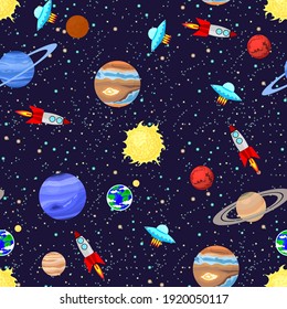 Planets, Stars And Spaceships, Seamless Pattern